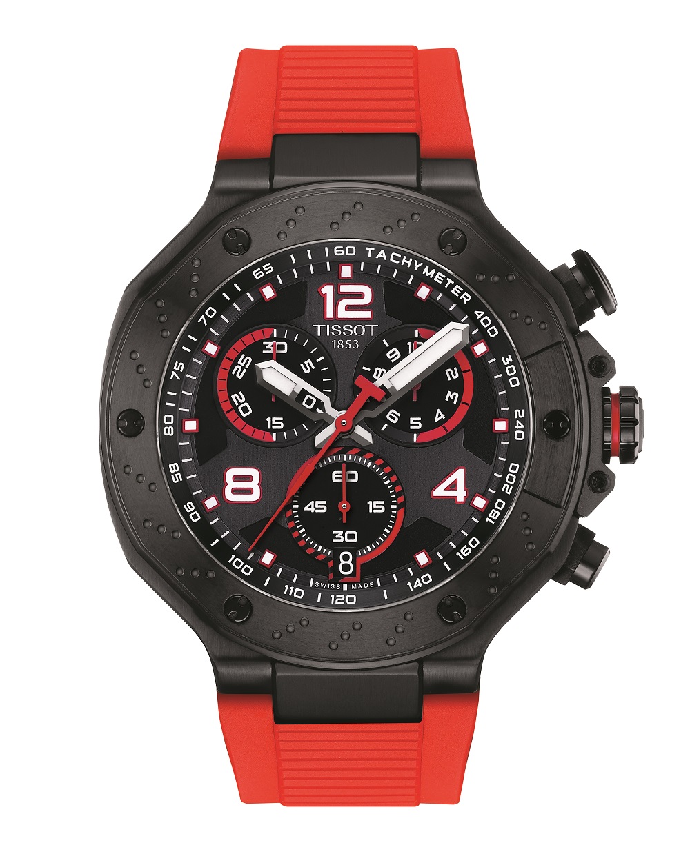 Steel watch with black PVD and red rubber strap T Race Tissot